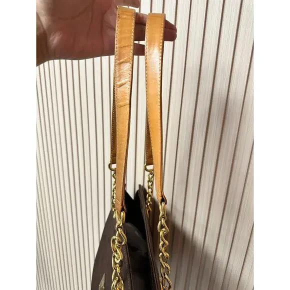 MCM Visetos Nylon Leather Logo Shoulder Tote Bag Brown Large Chain Straps - Picture 12 of 16